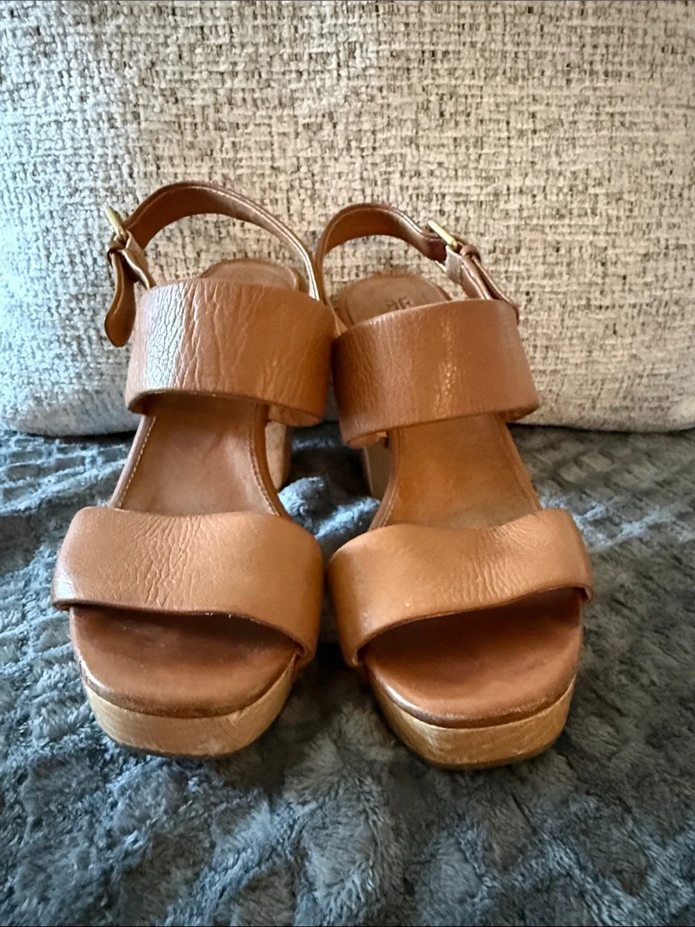 Frye Tan Leather Platform Wedge Sandals